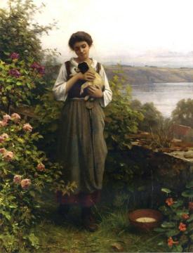 Young Girl Holding a Puppy Artwork by Daniel Ridgway Knight