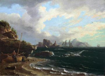Figures with Docked Boat at Shoreline Artwork by Thomas Birch