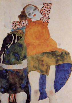 Two Seated Girls Artwork by Egon Schiele