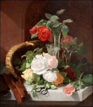 A Still Life of Flowers in a Glass Epergne on a Marble Ledge Artwork by Eloise Harriet Stannard
