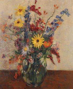 Still life of summer flowers in a glass jug on a table top Artwork by James Bolivar Manson