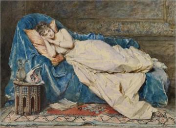 Young Lady Lying On A Blue Satin Robe Artwork by Madeleine Jeanne Lemaire