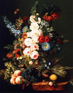 Still Life with Flowers, Fruit and Corn Artwork by Cornelius Krieghoff