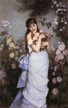 A Young Woman In A Rose Garden Artwork by Auguste Toulmouche