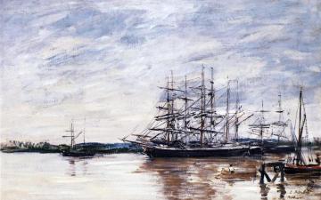 Three Masted Ship in Port, Bordeaux Artwork by Eugène-Louis Boudin