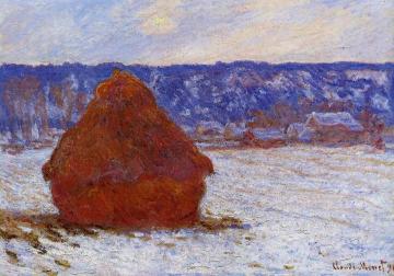 Grainstack in Overcast Weather, Snow Effect Artwork by Claude Oscar Monet