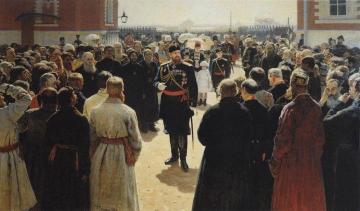 Aleksander III receiving rural district elders in the yard of Petrovsky Palace in Moscow. Artwork by Ilya Yefimovich Repin