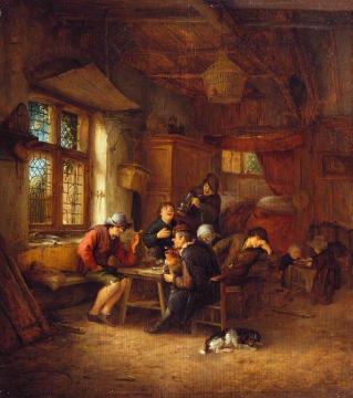 Interior Of A Tavern With Five Peasants And A Woman Artwork by Adriaen van Ostade