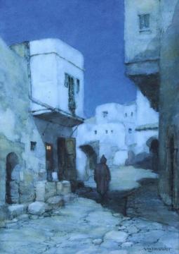 A Moonlit Street, North Africa Artwork by Albert Moulton Foweraker