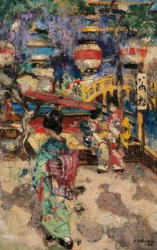Japanese Street Scene with Lanterns and Bridge Artwork by Edward Atkinson Hornel