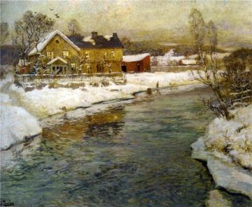 Cottage by a Canal in the Snow Artwork by Fritz Thaulow