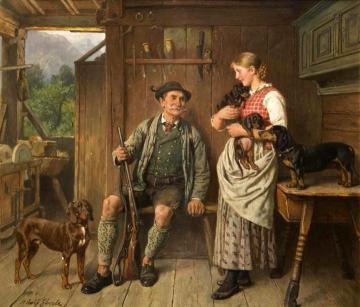 Maid, Huntsman And Dachshund Family Artwork by Adolf Eberle