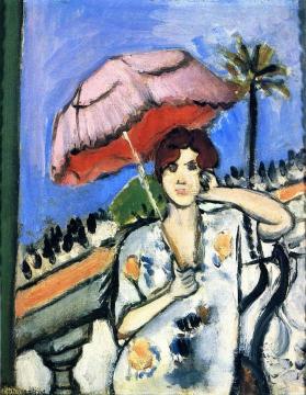Woman on a Balcony with a Pink Umbrella, Face on, Half Figure Artwork by Henri Matisse