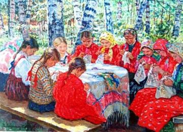 Needlework Classes In A Russian Village Artwork by Nikolai Petrovich Bogdanov-belsky