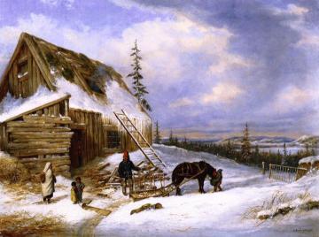 Log Cabin, Winter Scene, Lake St. Charles Artwork by Cornelius Krieghoff