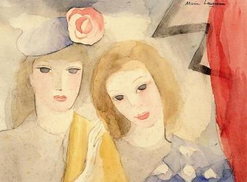 Two Blond women with Red Curtain Artwork by Marie Laurencin