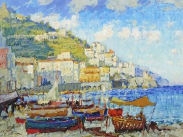 Sailboats in the Harbor Artwork by Konstantin Gorbatov