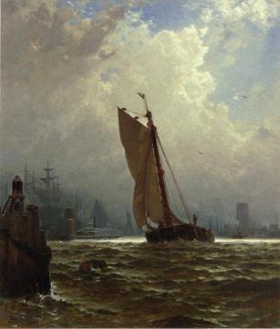 New York Harbor With The Brooklyn Bridge Under Construction Artwork by Alfred Thompson Bricher