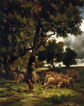 The Shepherdess and Her Flock Artwork by Charles-Émile Jacque