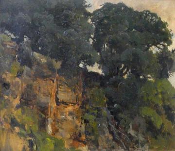 Oaks on a Rocky Ridge (Eichen auf Felsenkamm) Artwork by Eugen Felix Prosper Bracht
