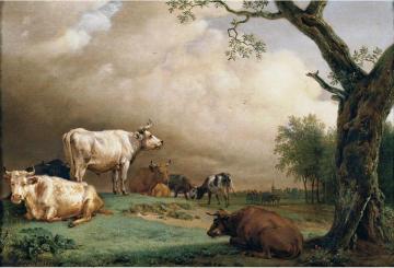 Cattle in a Field, with Travellers in a Wagon on a Track Beyond and a Church Artwork by Paulus Potter
