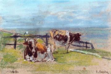 Cows on a Cliff at Villerville Artwork by Eugène-Louis Boudin