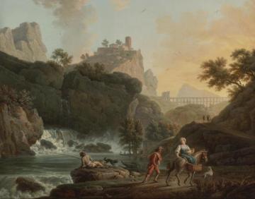 A Rocky Landscape With A Fisherman And Travellers By A River With A Waterfall Artwork by Claude-Joseph Vernet
