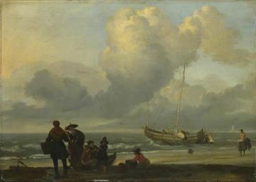 A Beach Scene with Fishermen Artwork by Ludolf Bakhuizen