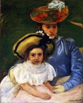 Mother and Daughter, Both Wearing Large Hats Artwork by Mary Cassatt