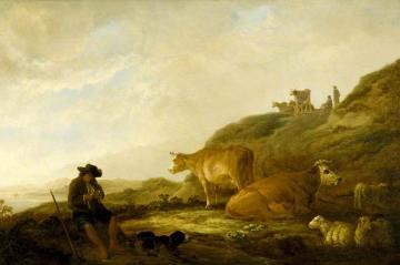 Seated Shepherd with Cows and Sheep in a Meadow Artwork by Aelbert Cuyp