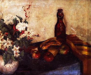 Still LIfe of Flowers in a Bowl, Fruit and a Glass Bottle Artwork by Alfred Henry Maurer