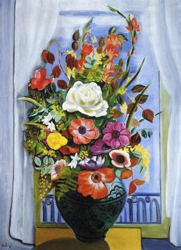 Large Bouquet in front of a Window Artwork by Moise Kisling
