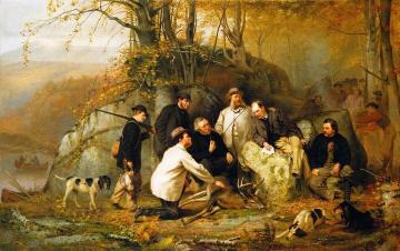 Claiming the Shot - A Group of Portraits after the Hunt in the Adirondacks Artwork by John George Brown