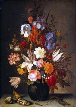 Flowers in a glass vase, shells, a caterpillar and a grasshopper on a stone table Artwork by Balthasar van der Ast