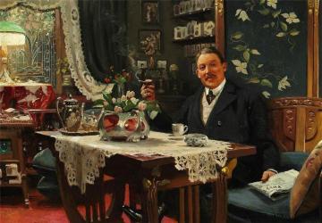 Interior With A Man Smoking A Cigar And Reading The Newspaper Artwork by Peder Mork Monsted