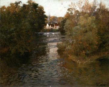 A River Landscape with Cottages Artwork by Fritz Thaulow