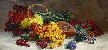Still life of wallflowers with a mandolin Artwork by Pierre Bourgogne