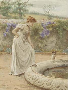 A Lady And Her Dog Looking Into A Fish Pond Artwork by George Goodwin Kilburne