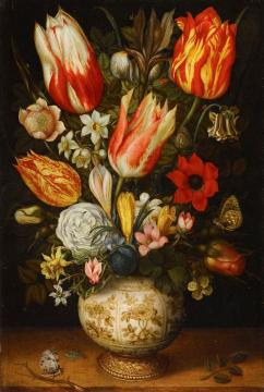 Still Life of Tulips, Roses, Narissi, Daffodils, Crocuses, an Iris, etc. Artwork by Christoffel van den Berghe