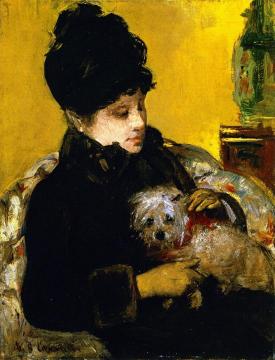 A Visitor in Hat and Coat Holding a Maltese Dog Artwork by Mary Cassatt