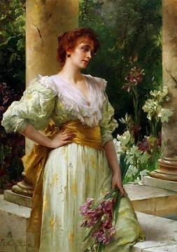 Woman in White Holding Irises Artwork by Conrad Kiesel