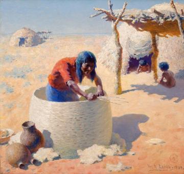 Papago weaving grain basket Artwork by William Robinson Leigh