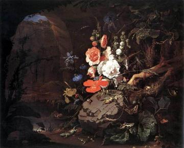 Interior Of A Grotto With A Rock-pool, Frogs, Salamanders, And A Large Bouquet Of Flowers Artwork by Abraham Mignon
