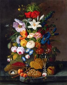 Abundant Bouquet with Pomegranate Artwork by Severin Roesen