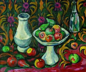 Still Life with Bottle, Jug and Fruit Artwork by Ilya Mashkov
