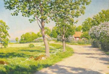 Village road with flowering lilacs Artwork by Johan Krouthén
