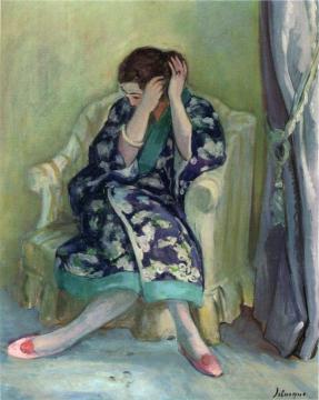 Woman Adjusting Her Hair seated on an Armchair Artwork by Henri Lebasque