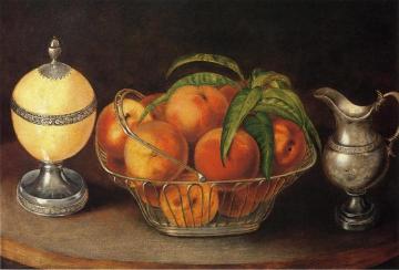 Basket of Peaches with Ostrich Egg and Cream Pitcher Artwork by Rubens Peale