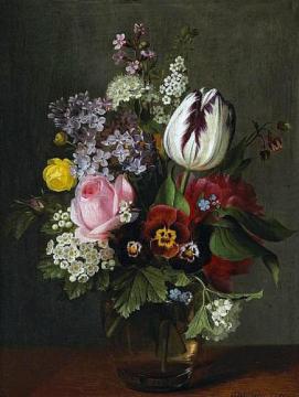 A still life with a rose, a tulip, pansies and other flowers in a glass vase Artwork by Otto Didrik Ottesen