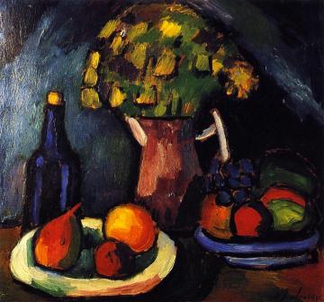 Still LIfe with Bouquet, Fruit Bowls and Bottle Artwork by Alexej Jawlensky